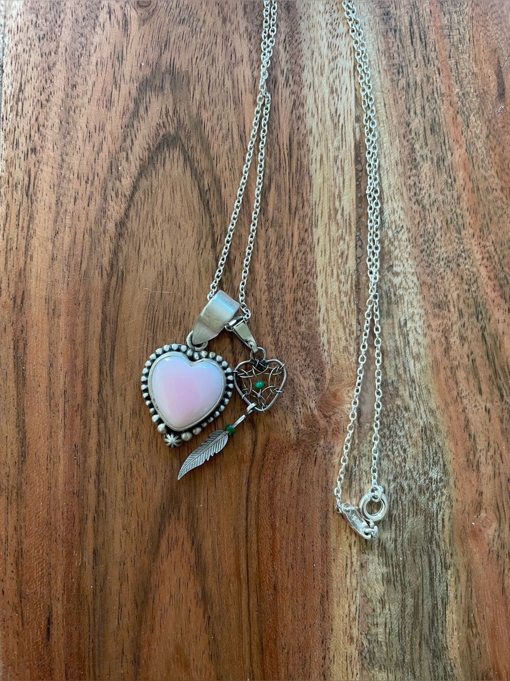 Native Sterling Pink Conch Heart and Dreamcatcher Pendant Necklace
